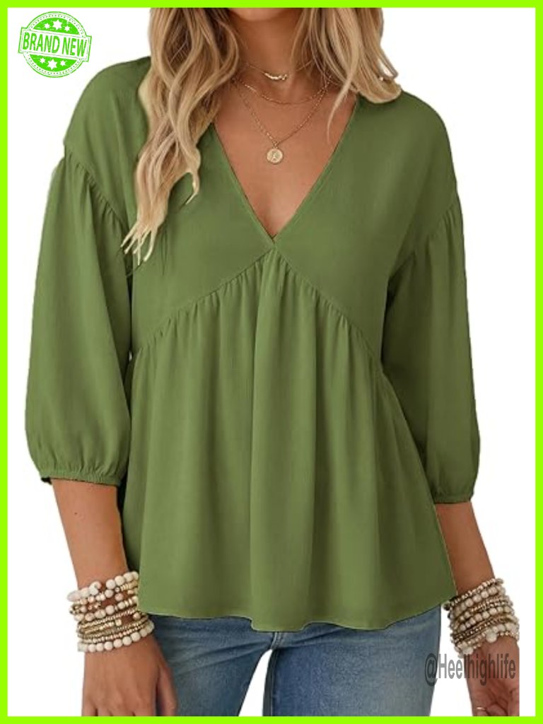 Flowy Peplum Babydoll Top 3/4 Puff Sleeve V Neck Blouse